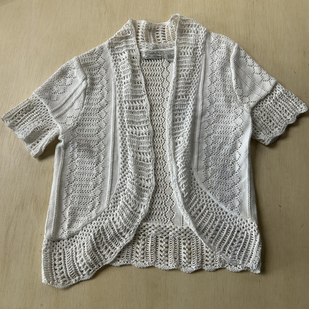 Y2K Isabella's Closet Cardigan Sweater Womens PL White Open Knit Crochet Shrug